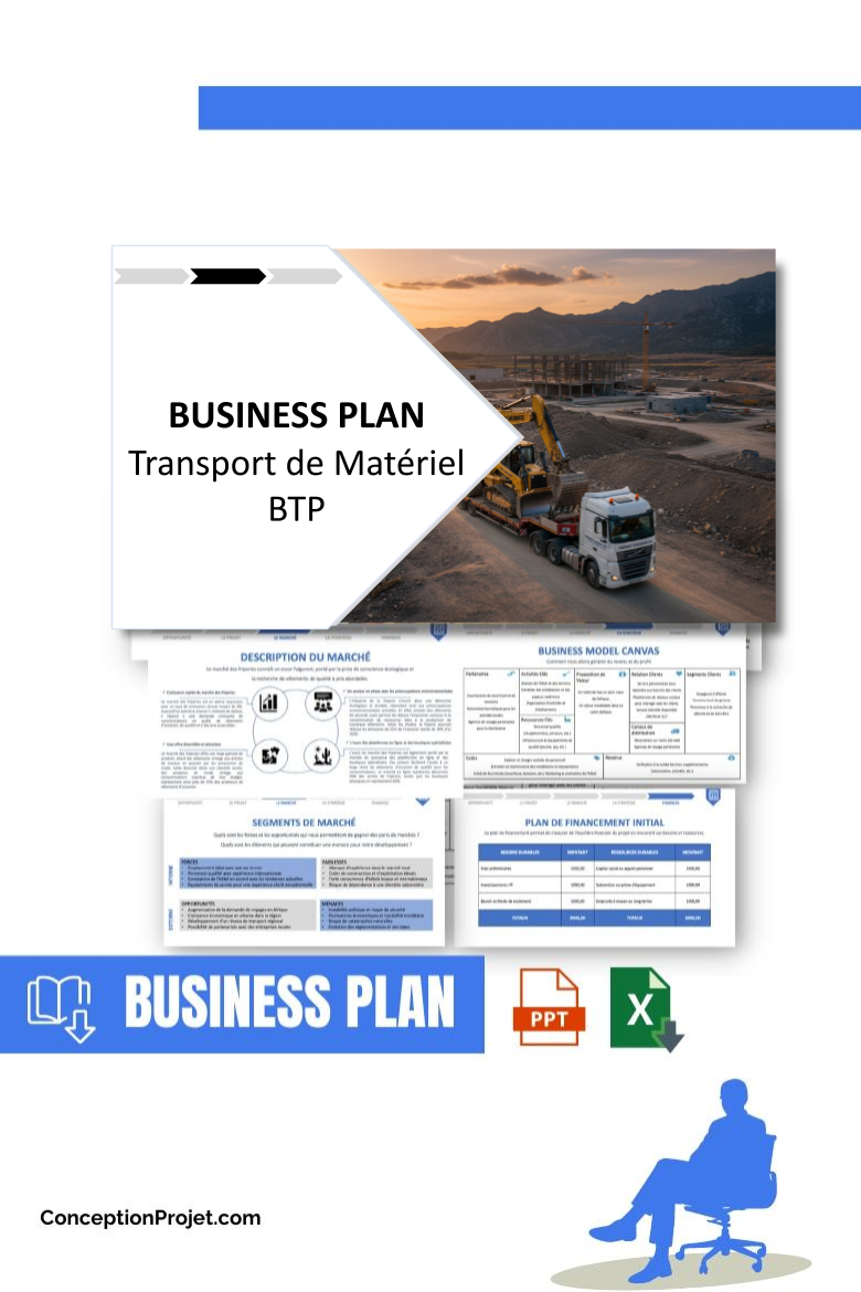 Pack Business Plan pour Transport de Matériel BTP - Modèle de business plan professionnel pour Transport de Matériel BTP, spécialement conçu pour les entrepreneurs, incluant un prévisionnel financier 100% automatisé, une stratégie marketing intégrée, ainsi qu’une analyse complète (SWOT, Business Model Canvas, étude de marché et analyse des risques). Ce document au design moderne et entièrement personnalisable sous Word est structuré pour répondre aux exigences des banques et des investisseurs, tout en permettant un gain de temps considérable grâce à son contenu pré-rédigé.