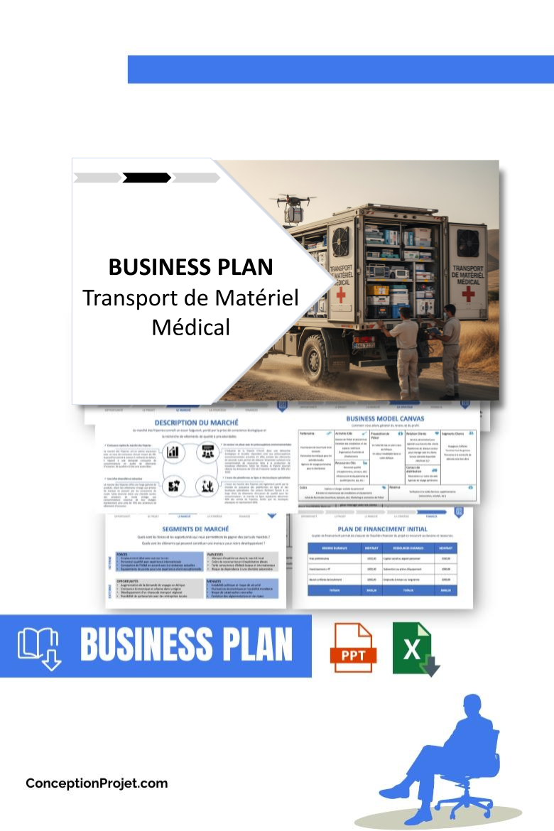 Pack Business Plan pour Transport de Matériel Médical - Modèle de business plan professionnel pour Transport de Matériel Médical, spécialement conçu pour les entrepreneurs, incluant un prévisionnel financier 100% automatisé, une stratégie marketing intégrée, ainsi qu’une analyse complète (SWOT, Business Model Canvas, étude de marché et analyse des risques). Ce document au design moderne et entièrement personnalisable sous Word est structuré pour répondre aux exigences des banques et des investisseurs, tout en permettant un gain de temps considérable grâce à son contenu pré-rédigé.