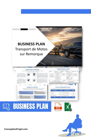 Pack Business Plan pour Transport de Motos sur Remorque - Modèle de business plan professionnel pour Transport de Motos sur Remorque, spécialement conçu pour les entrepreneurs, incluant un prévisionnel financier 100% automatisé, une stratégie marketing intégrée, ainsi qu’une analyse complète (SWOT, Business Model Canvas, étude de marché et analyse des risques). Ce document au design moderne et entièrement personnalisable sous Word est structuré pour répondre aux exigences des banques et des investisseurs, tout en permettant un gain de temps considérable grâce à son contenu pré-rédigé.