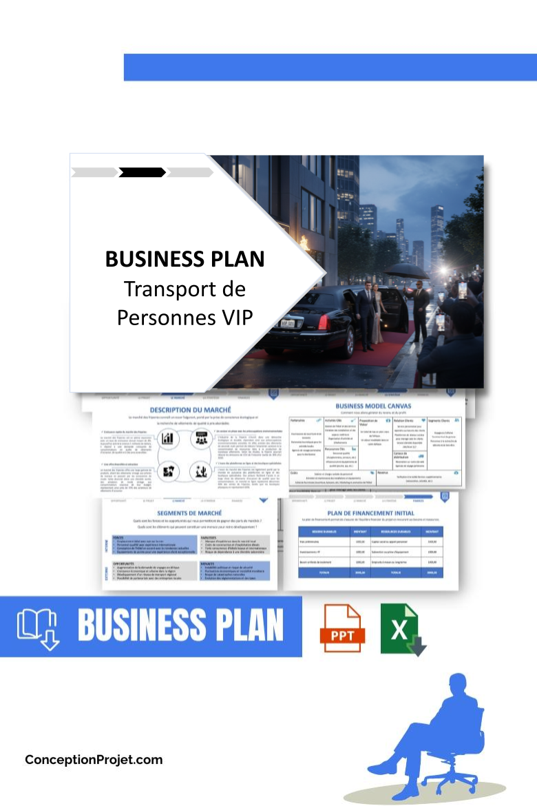 Pack Business Plan pour Transport de Personnes VIP - Modèle de business plan professionnel pour Transport de Personnes VIP, spécialement conçu pour les entrepreneurs, incluant un prévisionnel financier 100% automatisé, une stratégie marketing intégrée, ainsi qu’une analyse complète (SWOT, Business Model Canvas, étude de marché et analyse des risques). Ce document au design moderne et entièrement personnalisable sous Word est structuré pour répondre aux exigences des banques et des investisseurs, tout en permettant un gain de temps considérable grâce à son contenu pré-rédigé.