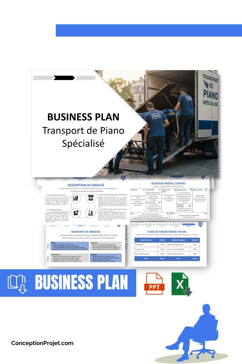 Pack Business Plan pour Transport de Piano Spécialisé - Modèle de business plan professionnel pour Transport de Piano Spécialisé, spécialement conçu pour les entrepreneurs, incluant un prévisionnel financier 100% automatisé, une stratégie marketing intégrée, ainsi qu’une analyse complète (SWOT, Business Model Canvas, étude de marché et analyse des risques). Ce document au design moderne et entièrement personnalisable sous Word est structuré pour répondre aux exigences des banques et des investisseurs, tout en permettant un gain de temps considérable grâce à son contenu pré-rédigé.