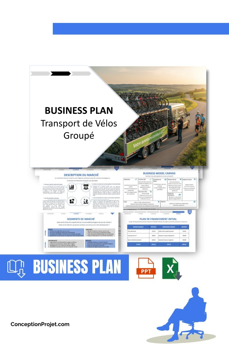 Pack Business Plan pour Transport de Vélos Groupé - Modèle de business plan professionnel pour Transport de Vélos Groupé, spécialement conçu pour les entrepreneurs, incluant un prévisionnel financier 100% automatisé, une stratégie marketing intégrée, ainsi qu’une analyse complète (SWOT, Business Model Canvas, étude de marché et analyse des risques). Ce document au design moderne et entièrement personnalisable sous Word est structuré pour répondre aux exigences des banques et des investisseurs, tout en permettant un gain de temps considérable grâce à son contenu pré-rédigé.
