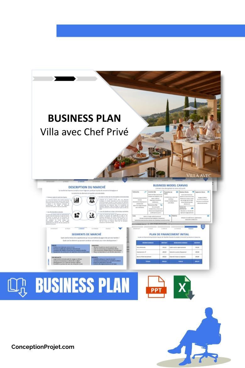 Pack Business Plan pour Villa avec Chef Privé - Modèle de business plan professionnel pour Villa avec Chef Privé, spécialement conçu pour les entrepreneurs, incluant un prévisionnel financier 100% automatisé, une stratégie marketing intégrée, ainsi qu’une analyse complète (SWOT, Business Model Canvas, étude de marché et analyse des risques). Ce document au design moderne et entièrement personnalisable sous Word est structuré pour répondre aux exigences des banques et des investisseurs, tout en permettant un gain de temps considérable grâce à son contenu pré-rédigé.