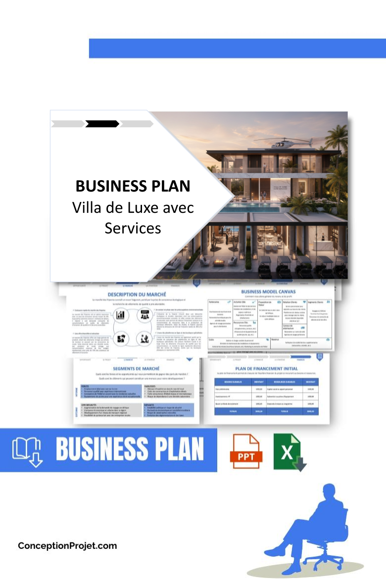 Pack Business Plan pour Villa de Luxe avec Services - Modèle de business plan professionnel pour Villa de Luxe avec Services, spécialement conçu pour les entrepreneurs, incluant un prévisionnel financier 100% automatisé, une stratégie marketing intégrée, ainsi qu’une analyse complète (SWOT, Business Model Canvas, étude de marché et analyse des risques). Ce document au design moderne et entièrement personnalisable sous Word est structuré pour répondre aux exigences des banques et des investisseurs, tout en permettant un gain de temps considérable grâce à son contenu pré-rédigé.