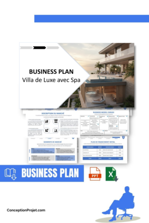 Pack Business Plan pour Villa de Luxe avec Spa - Modèle de business plan professionnel pour Villa de Luxe avec Spa, spécialement conçu pour les entrepreneurs, incluant un prévisionnel financier 100% automatisé, une stratégie marketing intégrée, ainsi qu’une analyse complète (SWOT, Business Model Canvas, étude de marché et analyse des risques). Ce document au design moderne et entièrement personnalisable sous Word est structuré pour répondre aux exigences des banques et des investisseurs, tout en permettant un gain de temps considérable grâce à son contenu pré-rédigé.