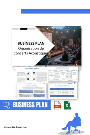 Pack Business Plan pour Organisation de Concerts Acoustiques - Modèle de business plan professionnel pour Organisation de Concerts Acoustiques, spécialement conçu pour les entrepreneurs, incluant un prévisionnel financier 100% automatisé, une stratégie marketing intégrée, ainsi qu’une analyse complète (SWOT, Business Model Canvas, étude de marché et analyse des risques). Ce document au design moderne et entièrement personnalisable sous Word est structuré pour répondre aux exigences des banques et des investisseurs, tout en permettant un gain de temps considérable grâce à son contenu pré-rédigé.